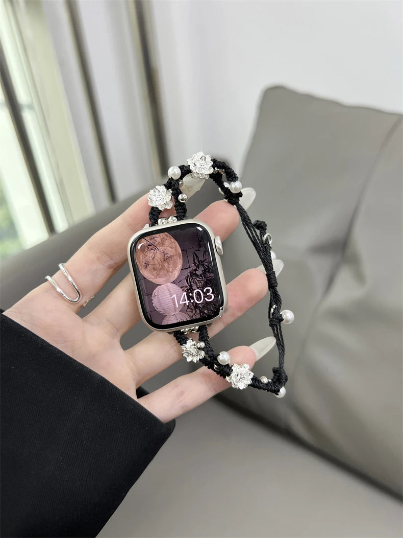 Ins Pearl Flowers band For Apple Watch Series 9 8 7 6 SE 4 5 45mm 44mm 42mm Woven Nylon band Apple Watch Ultra 2 49mm 40mm 38mm Woman