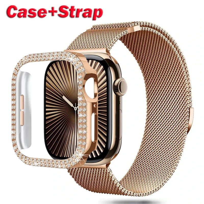 Diamond Case+Milanese band For Apple Watch band Ultra 2 band For Apple Watch 10 9 8 7 46mm 42mm 45mm 44mm 40mm 41mm Series 6 5 4