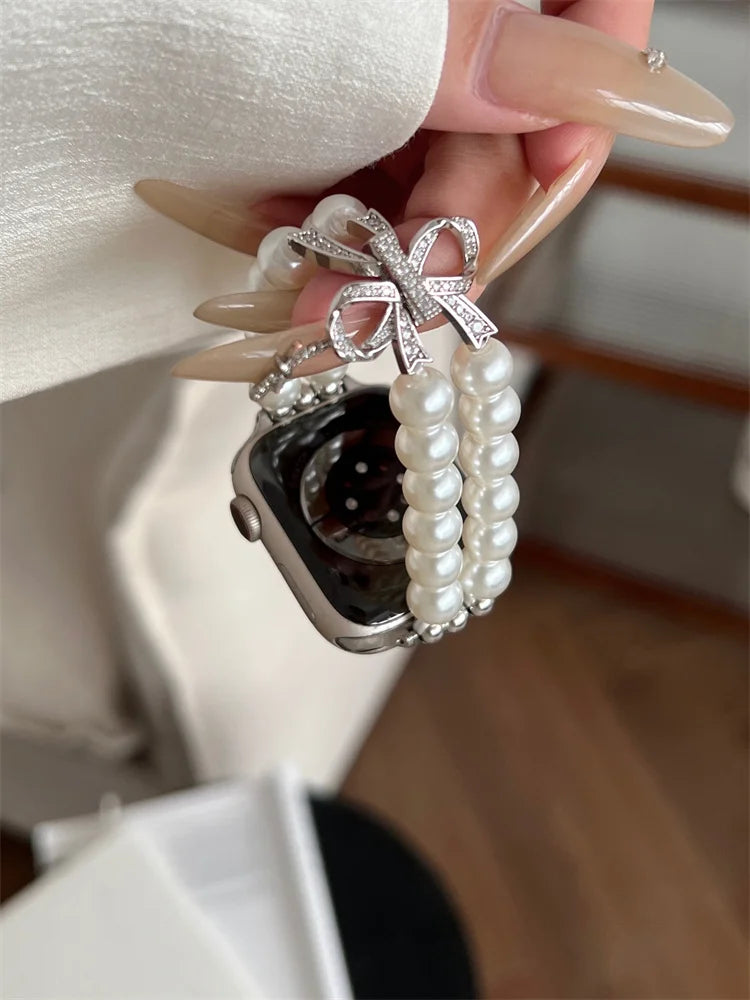 Luxury Diamond Bow band For Apple Watch Ultra Series 9 8 7 42mm 45mm 49mm Pearl Women band For Apple Watch 38mm 40mm 41mm 6 5 SE 4