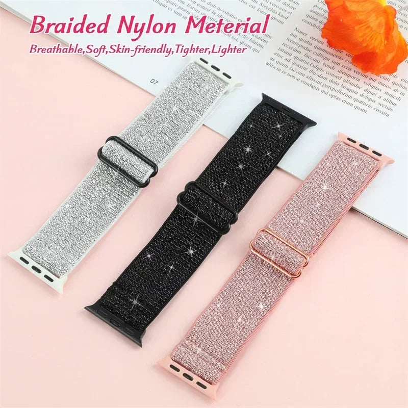 Bohemian Nylon band for Apple Watch Ultra 2 49mm 42mm 45mm 38mm 40mm 41mm 44mm Elastic Shiny band Apple Watch Series 10 9 8 7 6 5 4 3 SE