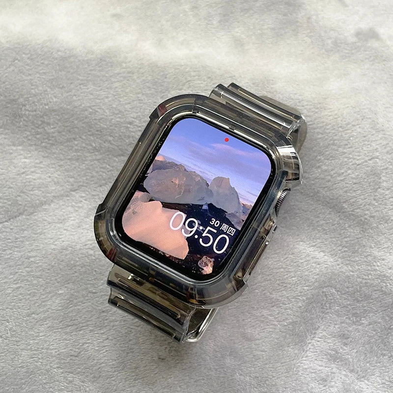 For Apple Watch band 44mm 40mm 45mm 46mm 42mm 38mm 41mm Transparent Silicone band Apple Watch Series 10 9 8 7 6 3 SE Case+bands