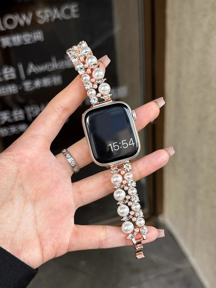 Luxury Diamond band For Apple Watch Ultra 10 9 8 7 6 5 4 Woman Pearl band For Apple Watch 38mm 40mm 41mm 42mm 45mm 46mm 49mm