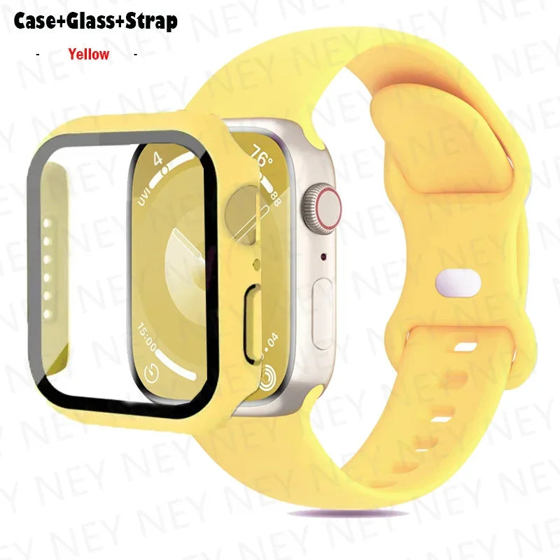 Glass+Case+band For Apple Watch band 44mm 40mm 45mm 41mm 38mm 42mm 44mm sport Silicone band Apple Watch Series 9 8 7 6 5 4 SE