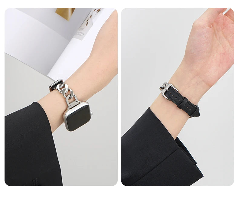 Leather band for Apple Watch 10 band 46mm 42mm 44mm 40mm 41mm 45mm Women Stainless Steel band Apple Watch Series 9 8 SE 7 6 Belt