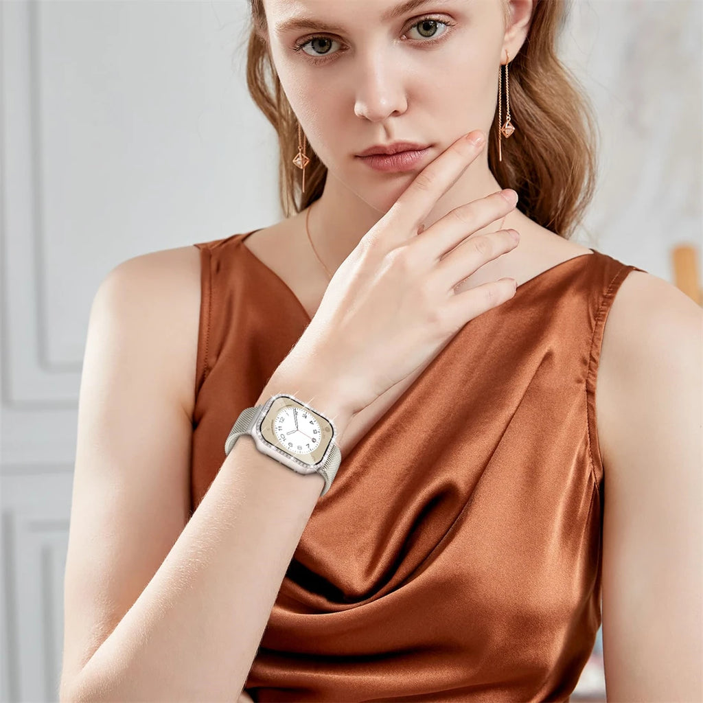 Milanese Loop+ case for Apple Watch Series 44mm 45mm 40mm 41mm 46mm 42mm diamond cover+band Apple Watch 9 8 7 6 5 4 10 Ultra 49mm band