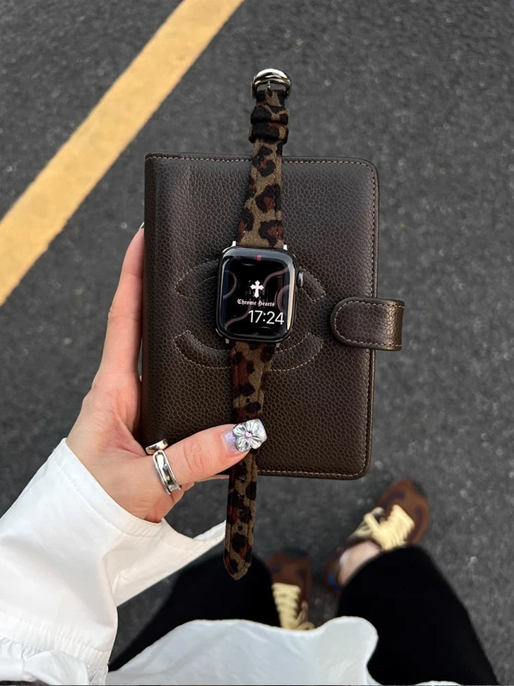 Retro Leather Leopard band For Apple Watch Ultra 10 9 8 7 6 5 SE 4 Girl Slim band For Apple Watch 41mm 40mm 38mm 49mm 42mm 45mm 46mm