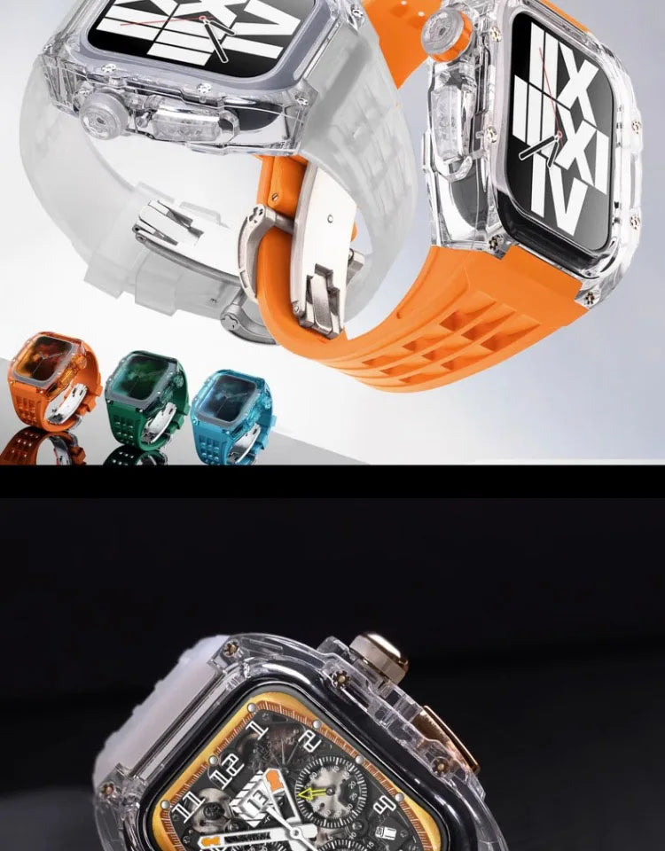 Transparent Luxury Case for Apple Watch Ultra 49mm 45mm 44mm , Stainless Steel Buckle band for Apple Watch 8 7 6 5 4 DIY Modification