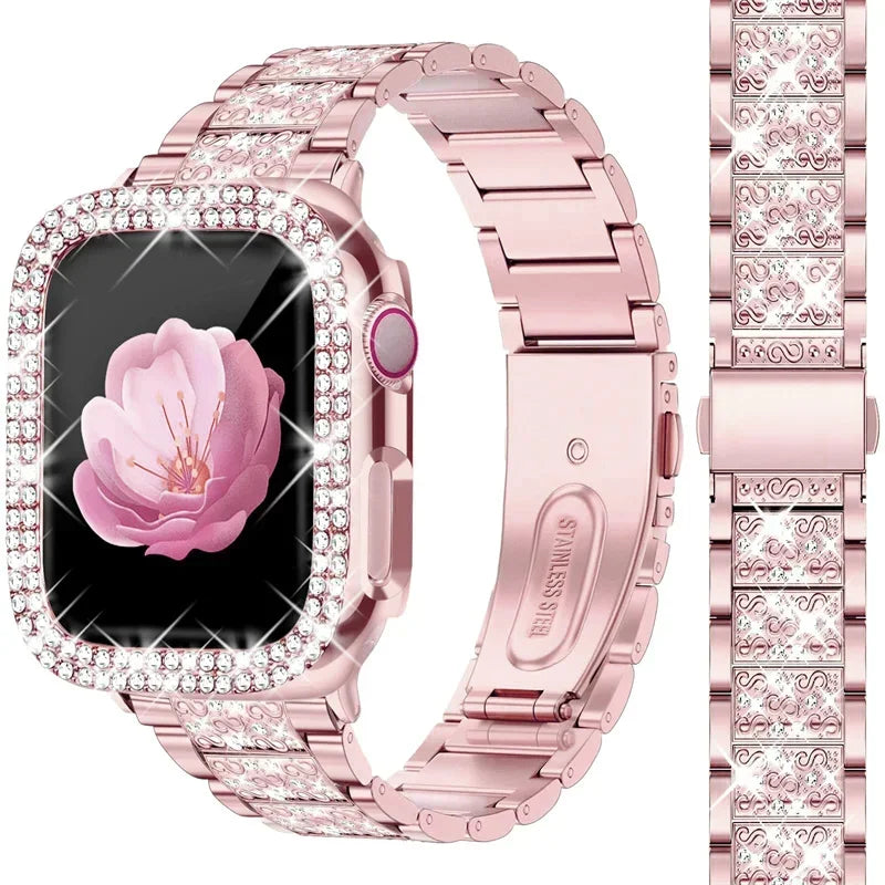 Diamond case+band For Apple Watch band 45mm 40mm 44mm 41mm 38mm 42mm 44mm metal Belt Apple Watch Series 9 8 7 SE 6 5 Women band