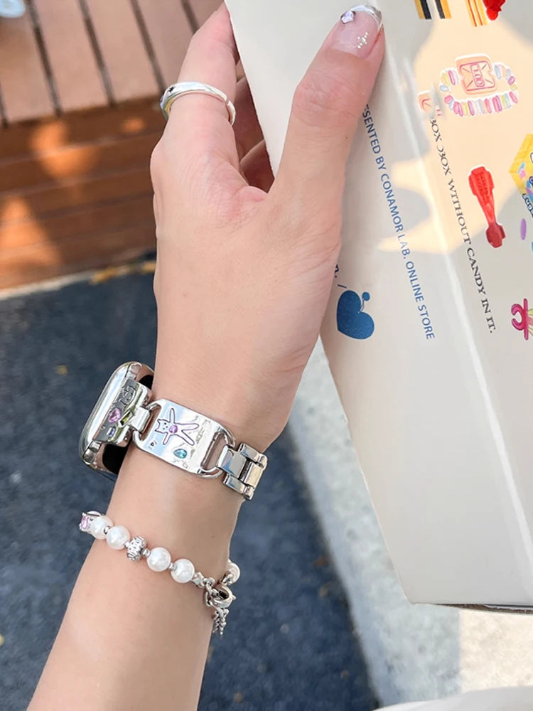 Cute Cat Glossy metal band For Apple Watch Ultra 10 9 8 7 42mm 45mm 46mm 49mm Diamond band For Apple Watch 38mm 41mm 6 5 SE 4