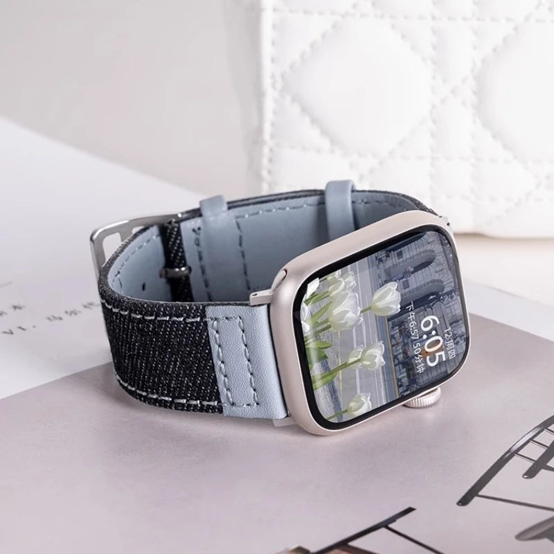Suitable for Apple Watch band denim leather Apple Watch SE 49mm high quality wristband 40mm 38mm 44mm 41mm 42mm 45mm Ultra9 8 7 6 54 band