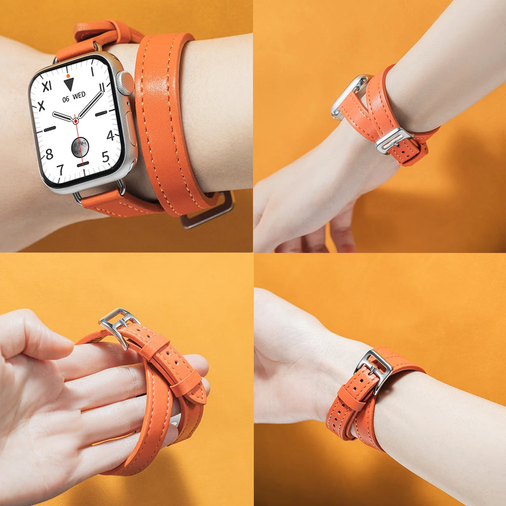 For Apple Watch band 40mm 41mm Double Tour leather band 45mm 44mm Series 9 8 7 6 SE 5 4 for Apple Watch 11 10 42mm 46mm Fashion Correa
