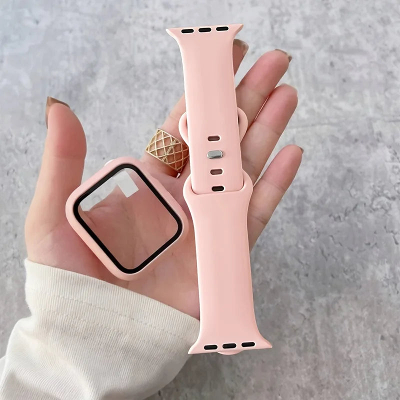 Glass+Case+band For Apple Watch band 44mm 40mm 45mm 41mm 38mm 42mm 44mm sport Silicone band Apple Watch Series 9 8 7 6 5 4 SE