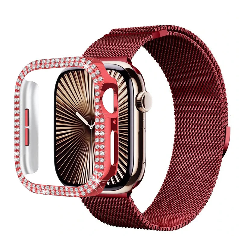 Diamond Case+Milanese band For Apple Watch band Ultra 2 band For Apple Watch 10 9 8 7 46mm 42mm 45mm 44mm 40mm 41mm Series 6 5 4