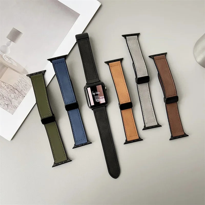 band For Apple Watch 11 46mm 42mm 44mm 40mm 41mm 45mm Magnetic Buckle Crazy Horse Leather+Silicone band serie 10 9 8 7 6 se Ultra 3 2