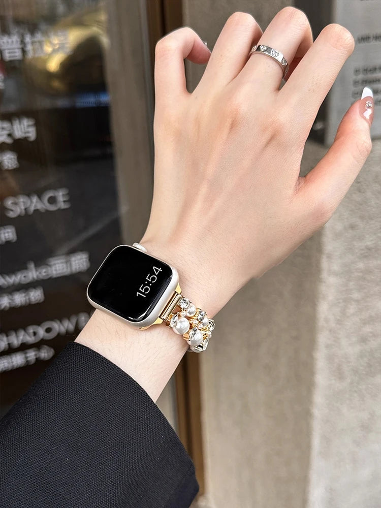 Luxury Diamond band For Apple Watch Ultra 10 9 8 7 6 5 4 Woman Pearl band For Apple Watch 38mm 40mm 41mm 42mm 45mm 46mm 49mm