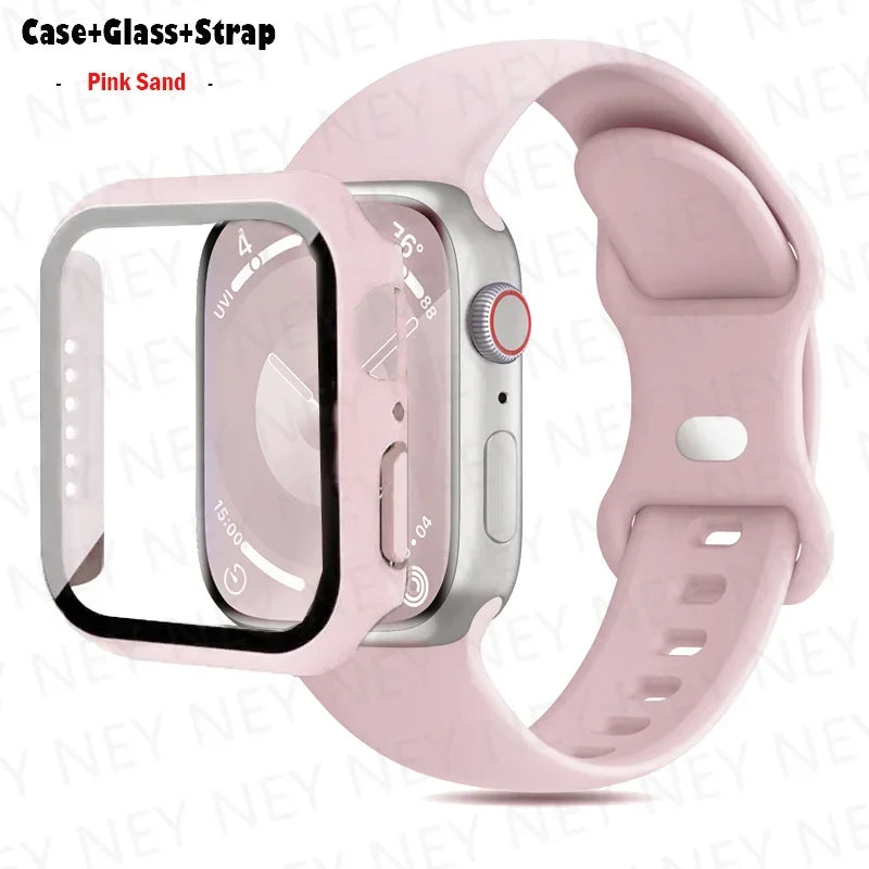Glass+Case+band For Apple Watch band 44mm 40mm 45mm 41mm 38mm 42mm 44mm sport Silicone band Apple Watch Series 9 8 7 6 5 4 SE