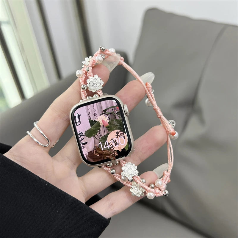 Ins Pearl Flowers band For Apple Watch Series 9 8 7 6 SE 4 5 45mm 44mm 42mm Woven Nylon band Apple Watch Ultra 2 49mm 40mm 38mm Woman