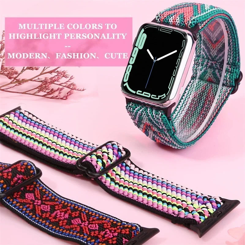 Bohemian Nylon band for Apple Watch Ultra 2 49mm 42mm 45mm 38mm 40mm 41mm 44mm Elastic Shiny band Apple Watch Series 10 9 8 7 6 5 4 3 SE