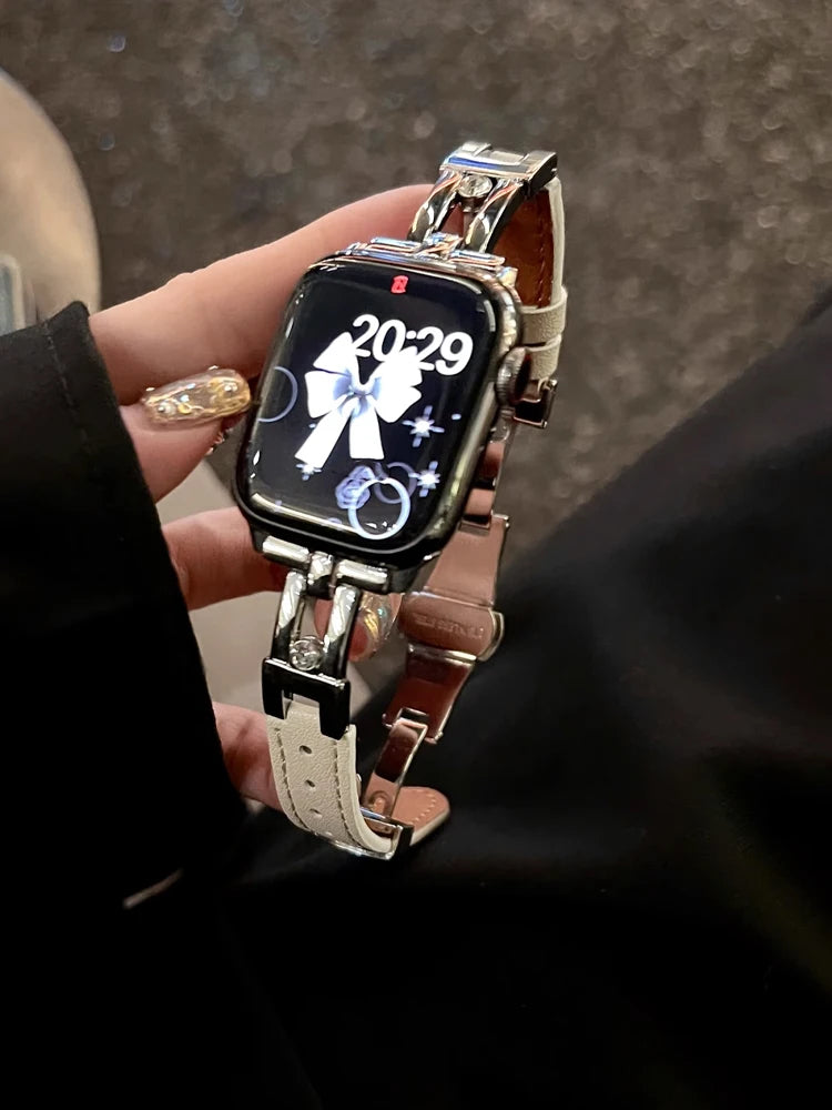 Luxury Leather band For Apple Watch Ultra 10 9 8 7 6 SE 5 4 Slim metal band For Apple Watch 38mm 40mm 42mm 44mm 45mm 46mm 49mm