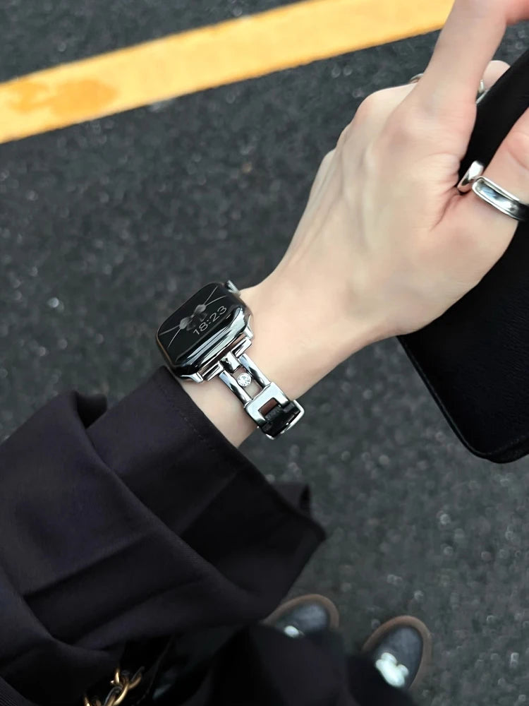 Luxury Leather band For Apple Watch Ultra 10 9 8 7 6 SE 5 4 Slim metal band For Apple Watch 38mm 40mm 42mm 44mm 45mm 46mm 49mm