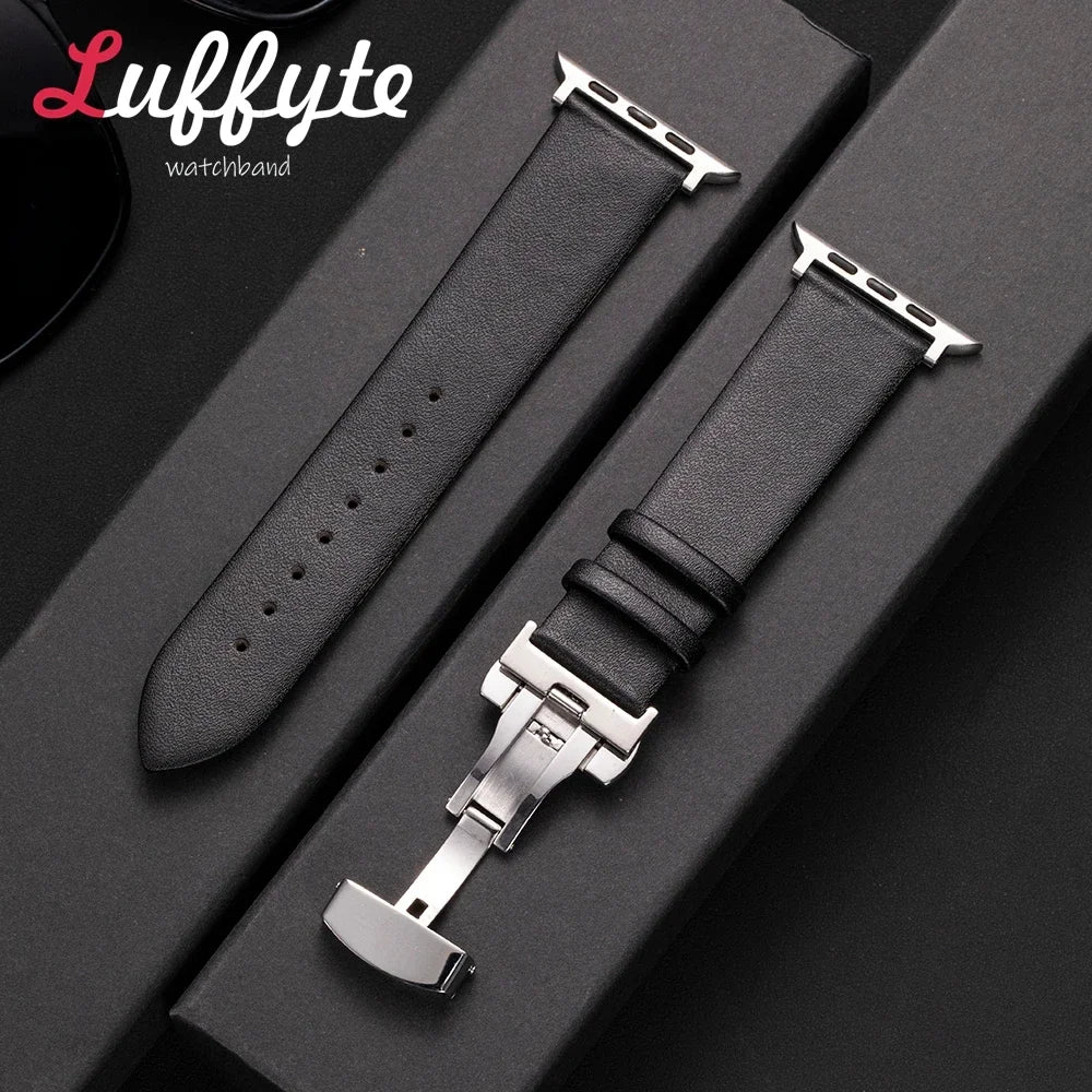 Ultra thin Leather band For Apple Watch 1 10 Ultra SE 2 WristBand with Butterfly Buckle For Apple Watch 38mm 40mm 41mm 42mm 44mm 45mm 46mm 4