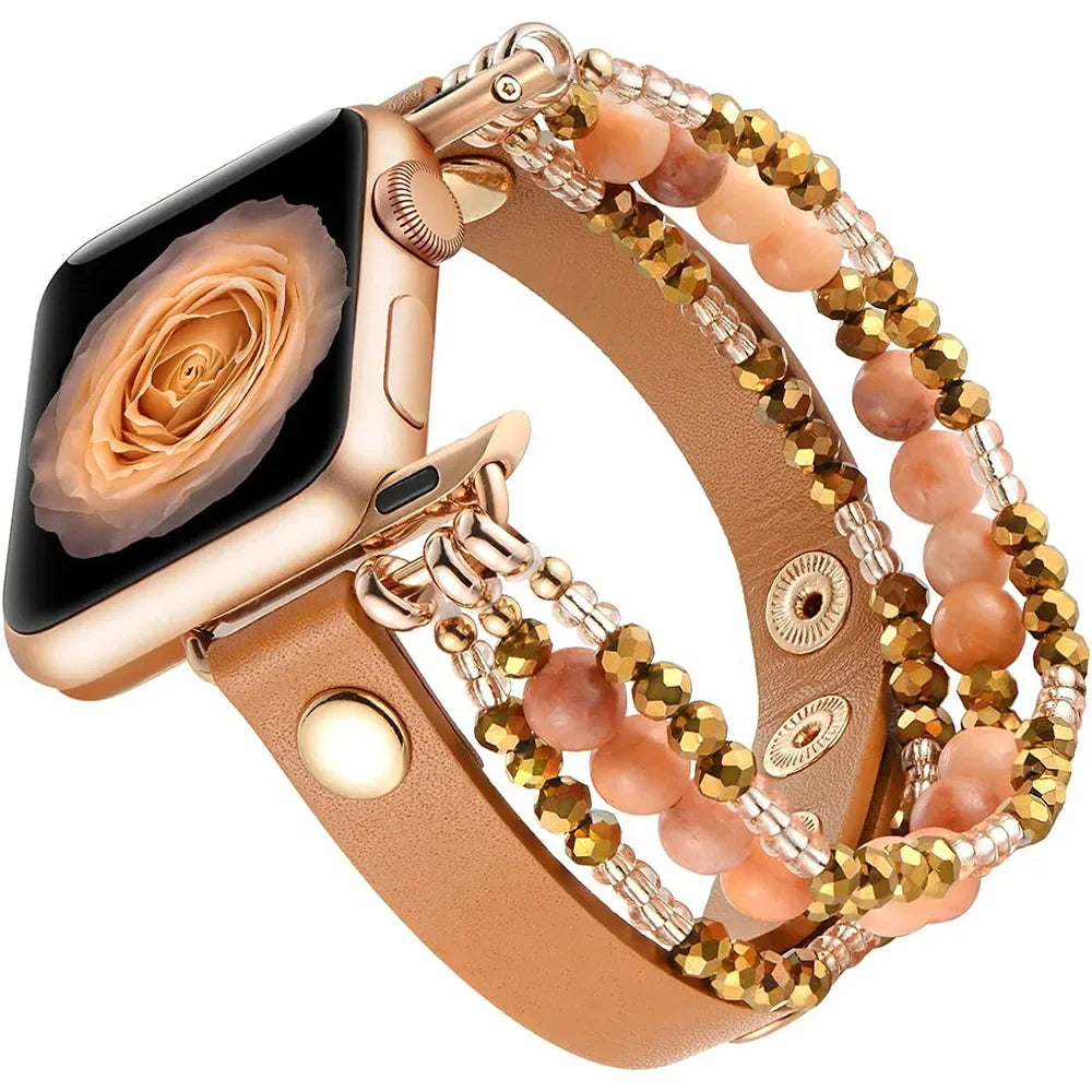 Beaded band For Apple Watch Ultra band 49mm 46mm 42mm 45mm 44mm 41mm Women Elastic Leather band Apple Watch Series 10 9 8 7 6 SE 5