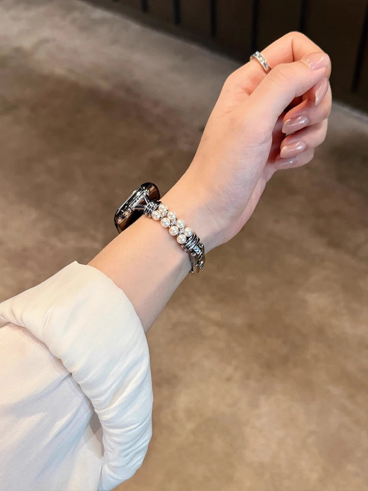 Luxury Pearl band For Apple Watch Ultra 10 9 8 7 6 5 4 Glossy metal band For Apple Watch 40mm 41mm 42mm 44mm 45mm 46mm 49mm