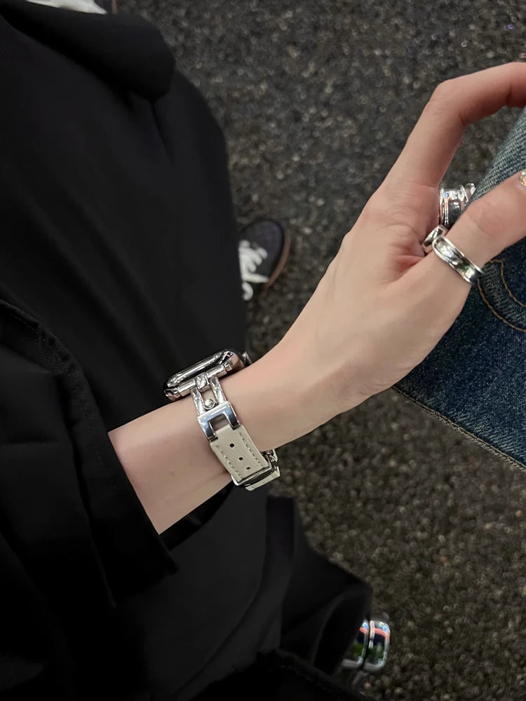 Luxury Leather band For Apple Watch Ultra 10 9 8 7 6 SE 5 4 Slim metal band For Apple Watch 38mm 40mm 42mm 44mm 45mm 46mm 49mm