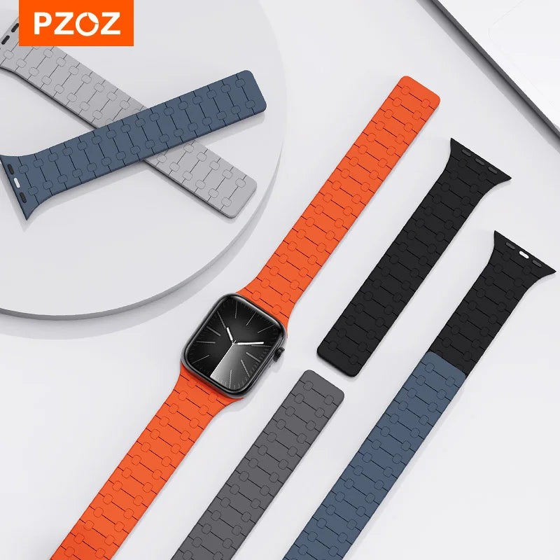 PZOZ Silicone Watch band For Apple Watch Ultra 3 2 49mm Chain Magnetic Wrist band For Apple Watch Series 11 10 9 8 Wristband