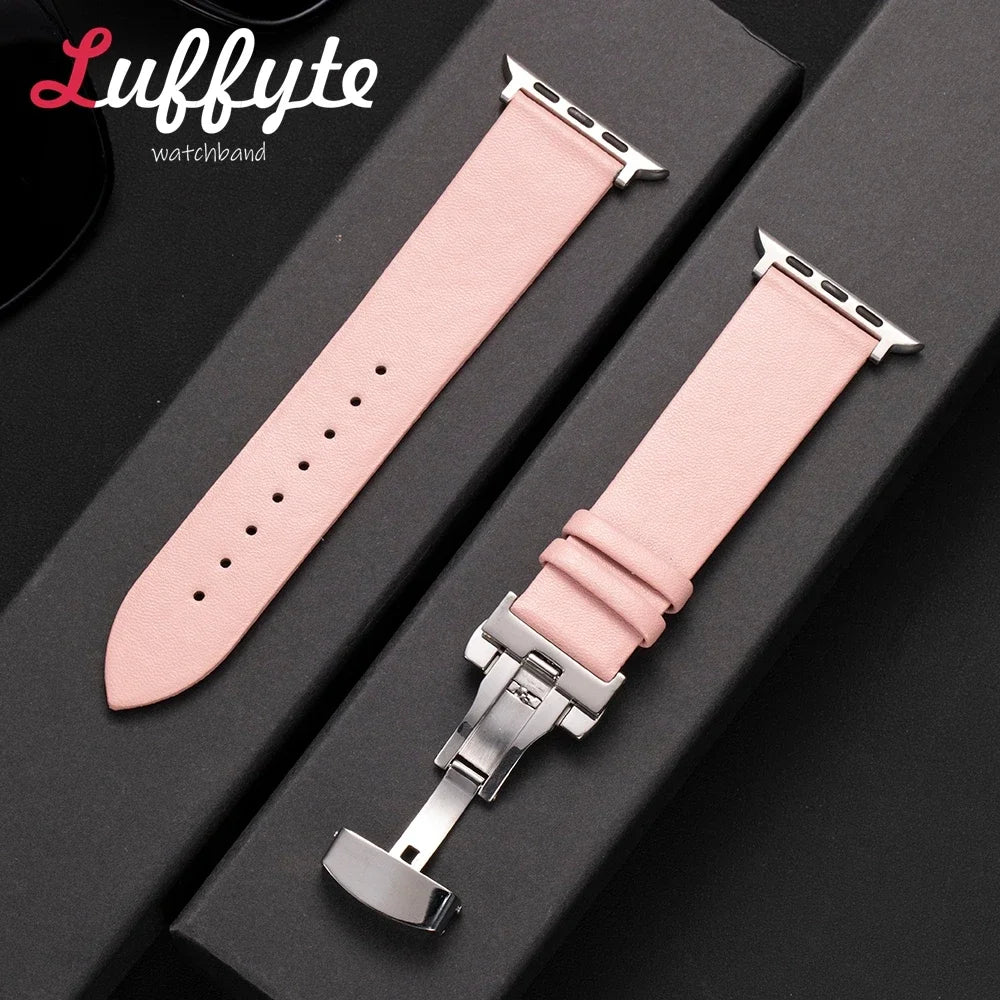 Ultra thin Leather band For Apple Watch 1 10 Ultra SE 2 WristBand with Butterfly Buckle For Apple Watch 38mm 40mm 41mm 42mm 44mm 45mm 46mm 4