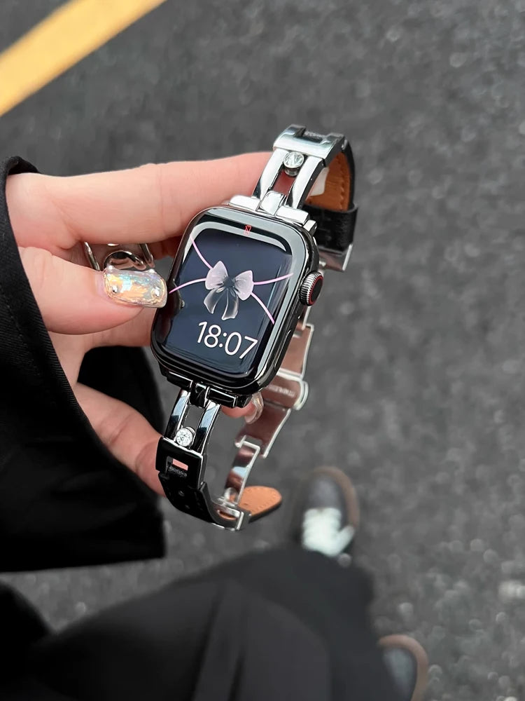 Luxury Leather band For Apple Watch Ultra 10 9 8 7 6 SE 5 4 Slim metal band For Apple Watch 38mm 40mm 42mm 44mm 45mm 46mm 49mm