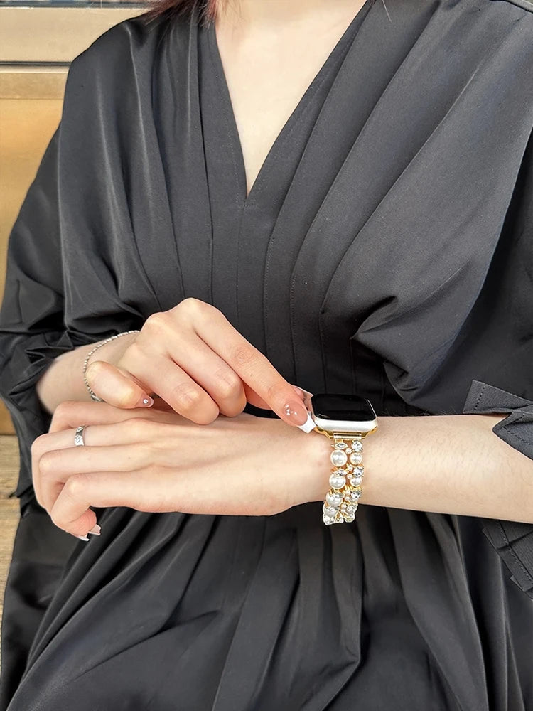 Luxury Diamond band For Apple Watch Ultra 10 9 8 7 6 5 4 Woman Pearl band For Apple Watch 38mm 40mm 41mm 42mm 45mm 46mm 49mm