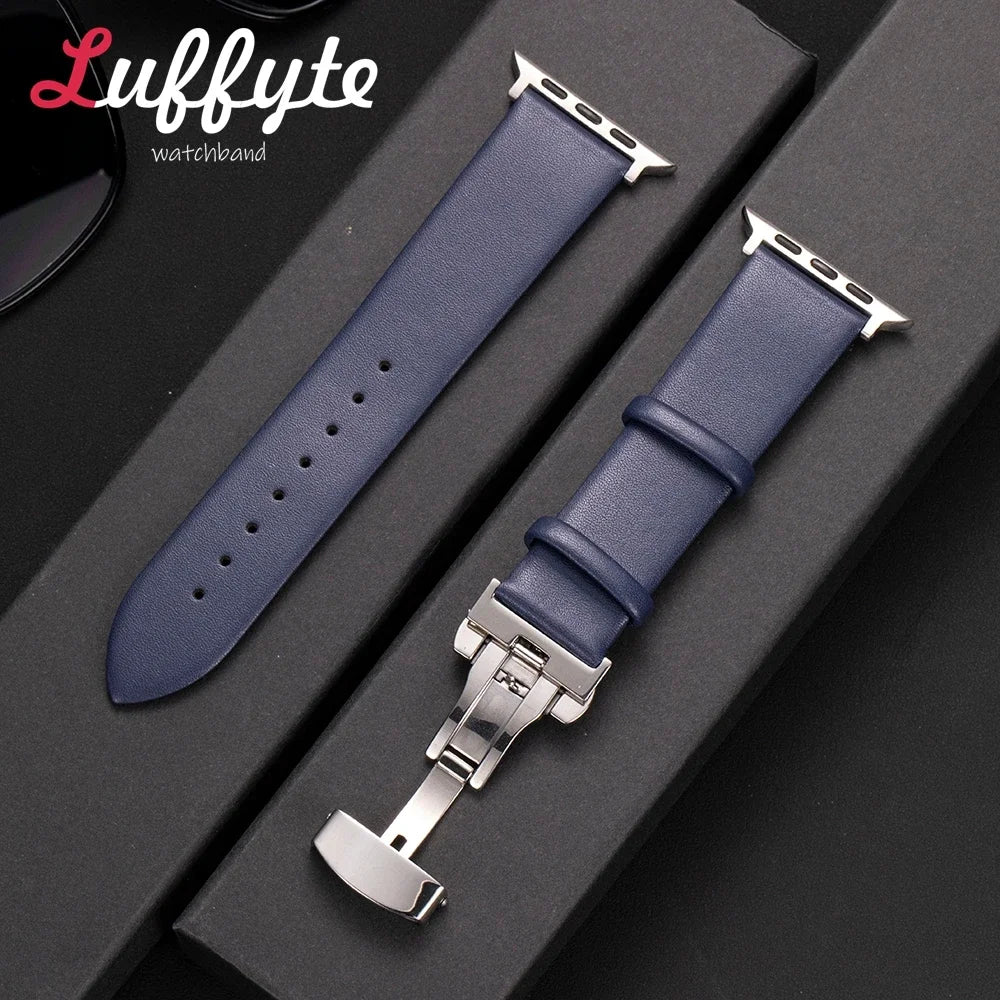 Ultra thin Leather band For Apple Watch 1 10 Ultra SE 2 WristBand with Butterfly Buckle For Apple Watch 38mm 40mm 41mm 42mm 44mm 45mm 46mm 4