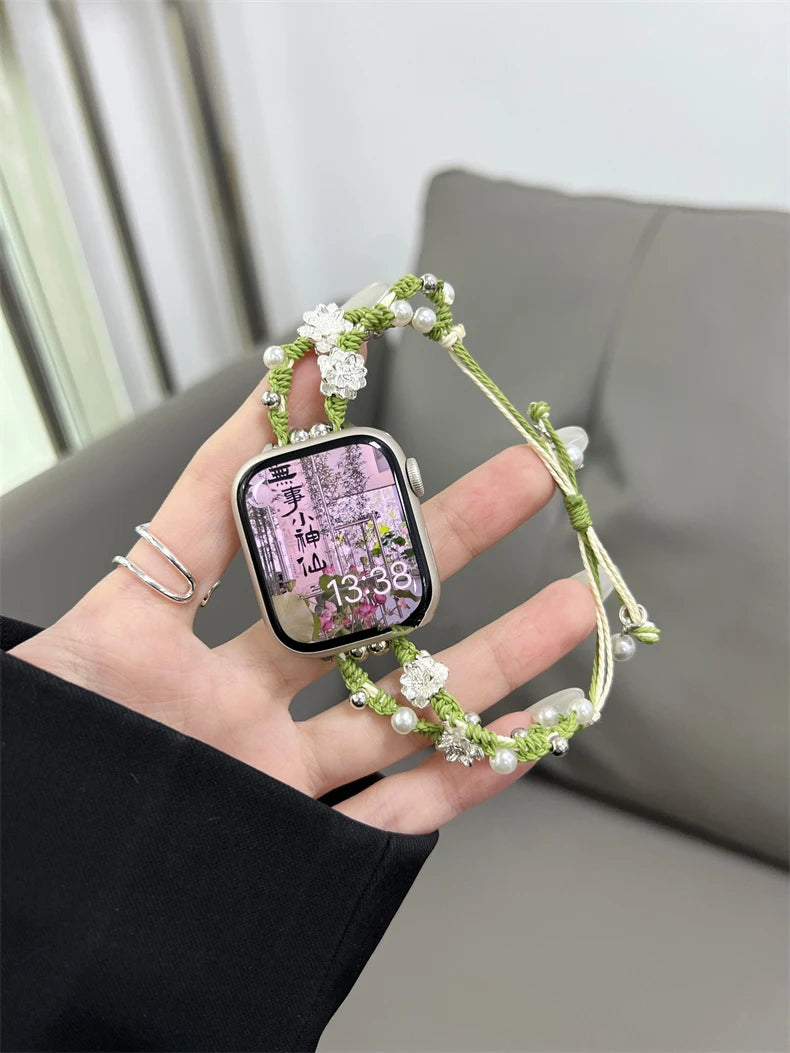 Ins Pearl Flowers band For Apple Watch Series 9 8 7 6 SE 4 5 45mm 44mm 42mm Woven Nylon band Apple Watch Ultra 2 49mm 40mm 38mm Woman