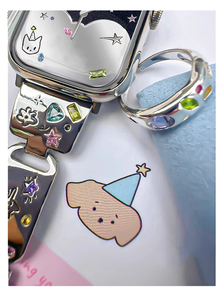 Cute Cat Glossy metal band For Apple Watch Ultra 10 9 8 7 42mm 45mm 46mm 49mm Diamond band For Apple Watch 38mm 41mm 6 5 SE 4
