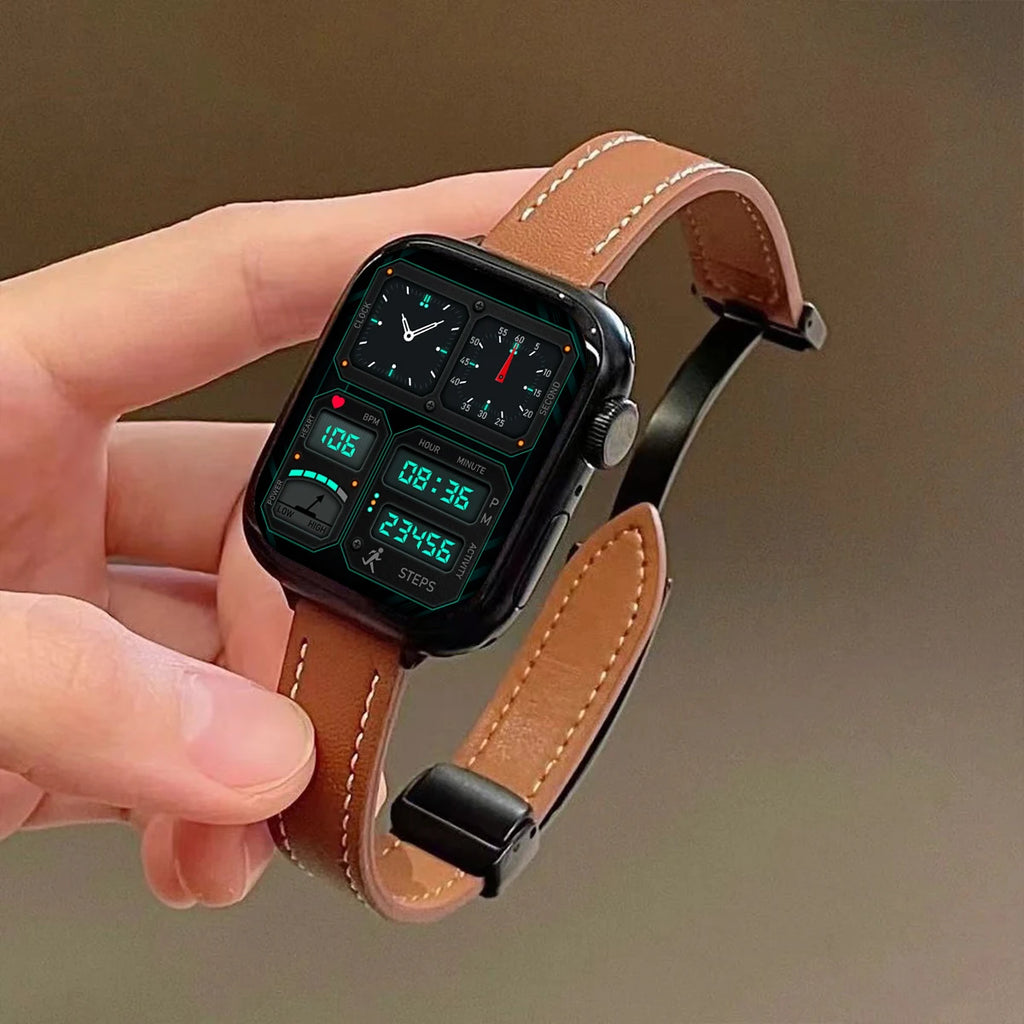 Magnetic Buckle band For Apple Watch 10 42mm 46mm SE 44mm 40mm 9 8 7 41mm 45mm Folding Slim Leather band Apple Watch Series 10 8 7 6 5