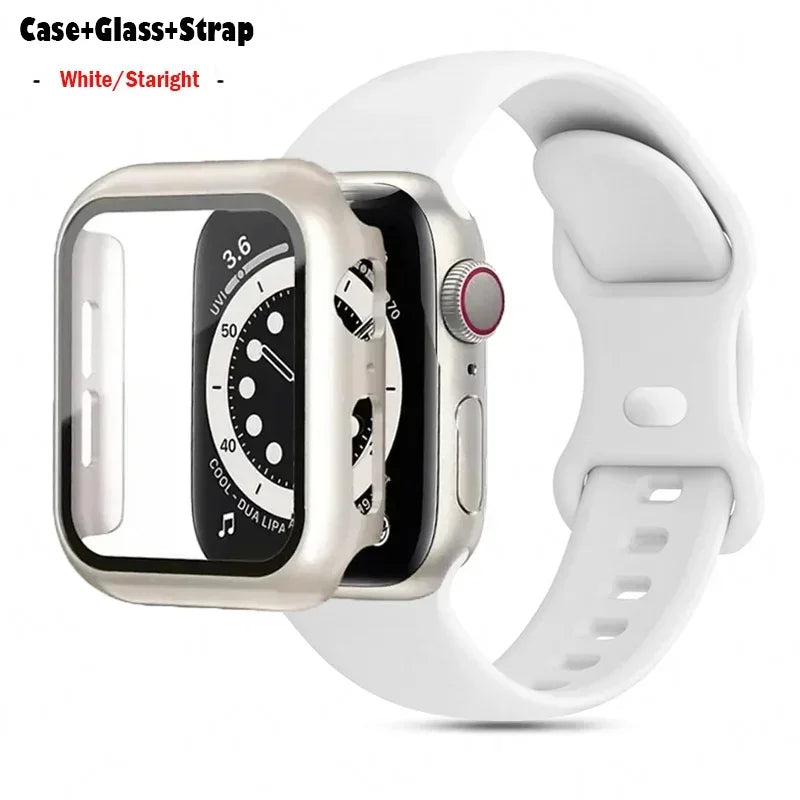 Glass+Case+band For Apple Watch band 44mm 41mm 45mm 40mm 38mm 42mm Silicone band Apple Watch serises 9 8 3 4 5 6 SE 7 watchbands