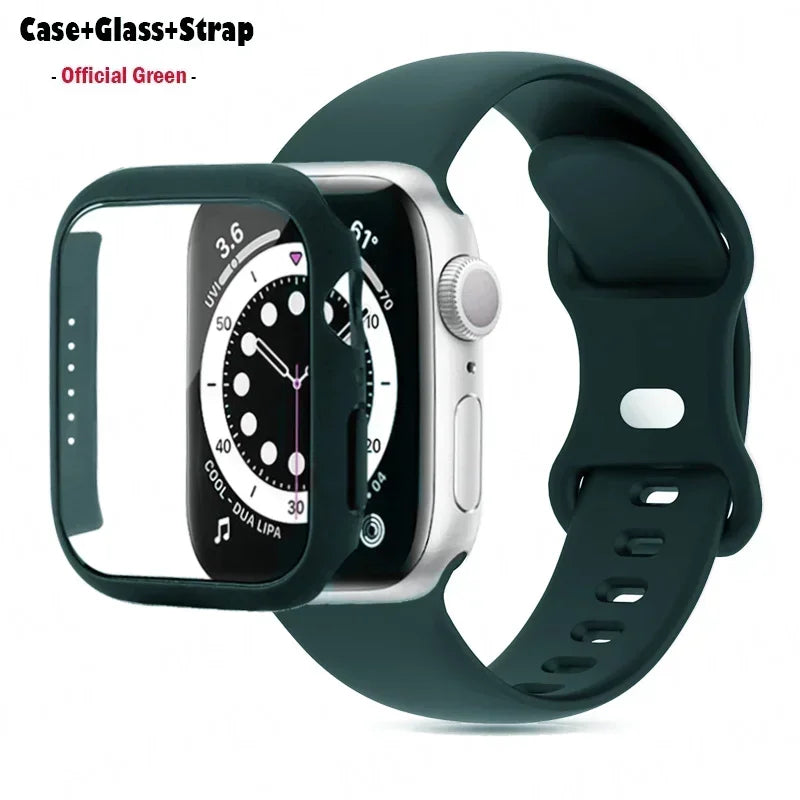 Glass+Case+watchbands For Apple Watch band 44mm 41mm 45mm 40mm 38mm 42mm Silicone band Apple Watch serises 9 8 4 5 6 SE 7 band
