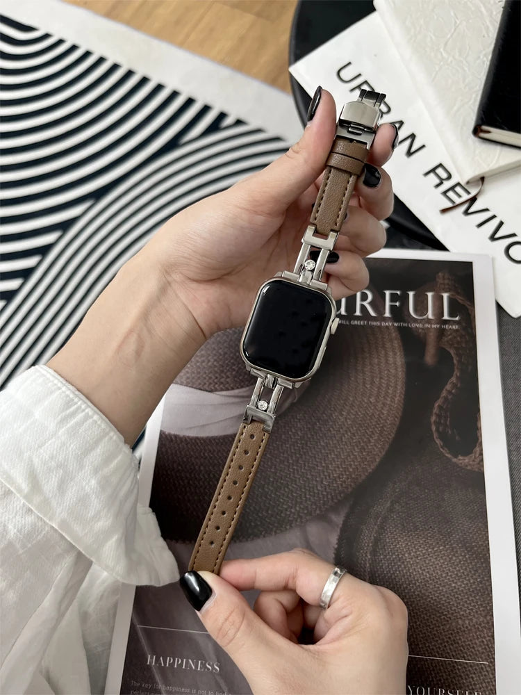 Luxury Leather band For Apple Watch Ultra 10 9 8 7 6 SE 5 4 Slim metal band For Apple Watch 38mm 40mm 42mm 44mm 45mm 46mm 49mm