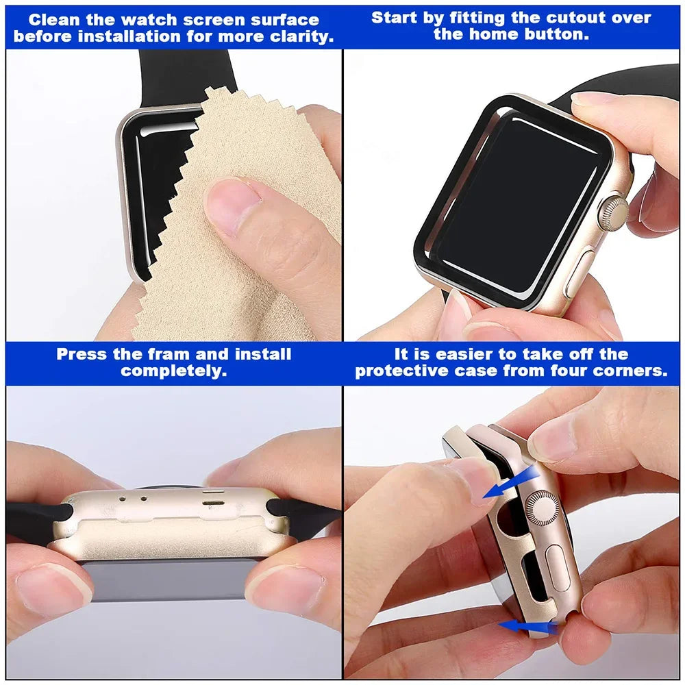 Metal Case + Tempered Film glass for Apple Watch 45mm 41mm 40mm 44mm 38mm 42mm Cover Apple Watch 9 8 7 6 5 4 3 SE Protective Case