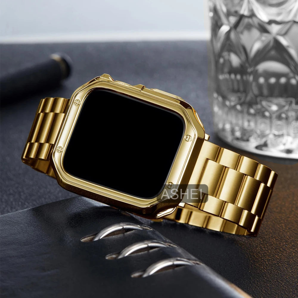 2in1 For Apple Watch 45mm 44mm 42mm 41mm 40mm 38mm band+case Apple Watch Ultra 2 49mm 9 8 7 6 SE Stainless steel band silicone case