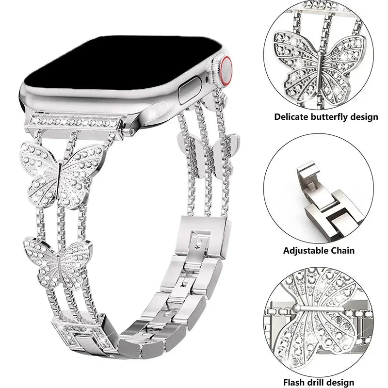 Stainless Steel band for Apple Watch band 40mm 46mm 44mm 41mm 45mm 49mm Butterfly Diamond band Apple Watch Ultra 10 9 8 7 SE 5 4