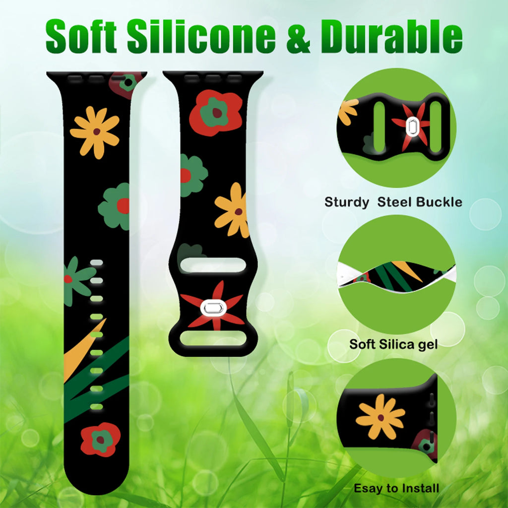 Silicone band for Apple Watch 10 9 8 7 SE Flowers Printed band Replaceable band for Apple Watch 44mm 42mm 41mm 40mm Watchband