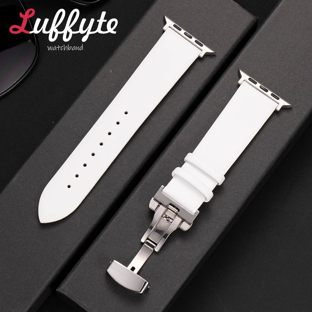 Ultra thin Leather band For Apple Watch 1 10 Ultra SE 2 WristBand with Butterfly Buckle For Apple Watch 38mm 40mm 41mm 42mm 44mm 45mm 46mm 4