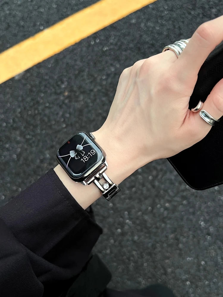 Luxury Leather band For Apple Watch Ultra 10 9 8 7 6 SE 5 4 Slim metal band For Apple Watch 38mm 40mm 42mm 44mm 45mm 46mm 49mm