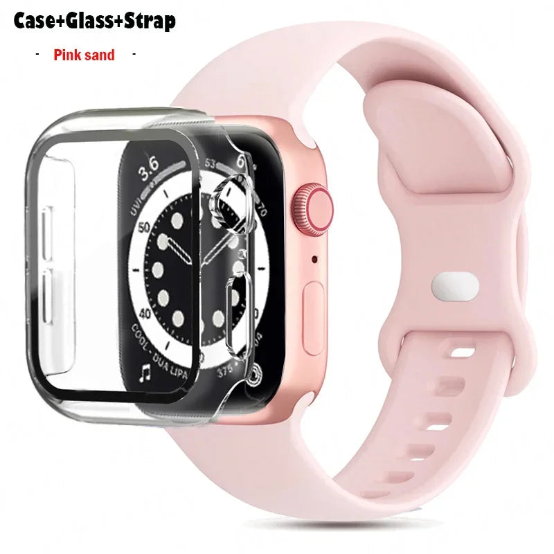 Glass+Case+band For Apple Watch band 44mm 40mm 45mm 41mm 38mm 42mm 44mm sport Silicone band Apple Watch Series 9 8 7 6 5 4 SE