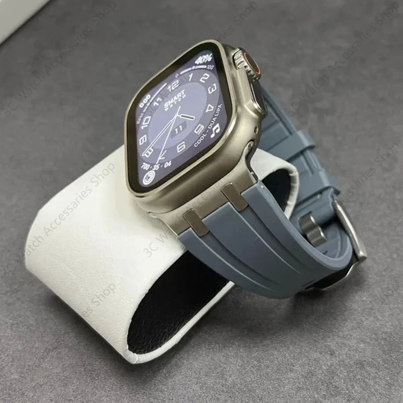 Titanium Color metal Head Silicone band for Apple Watch Ultra 2 49mm 45mm 44mm 42mm Rubber band for Apple Watch Series 9 8 7 6 5 4 SE 3