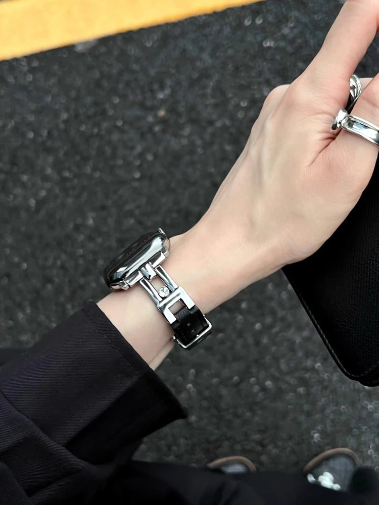 Luxury Leather band For Apple Watch Ultra 10 9 8 7 6 SE 5 4 Slim metal band For Apple Watch 38mm 40mm 42mm 44mm 45mm 46mm 49mm