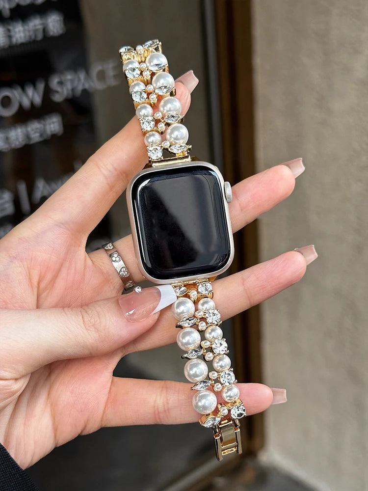 Luxury Diamond band For Apple Watch Ultra 10 9 8 7 6 5 4 Woman Pearl band For Apple Watch 38mm 40mm 41mm 42mm 45mm 46mm 49mm