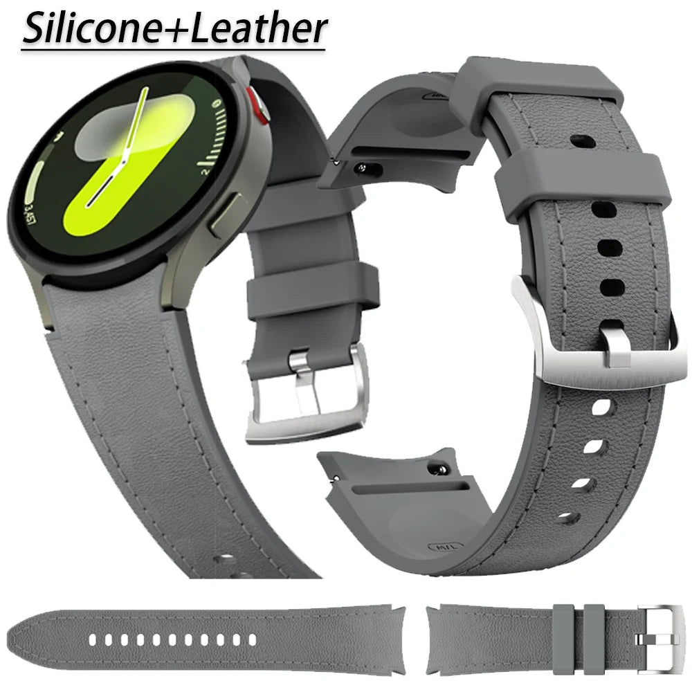 Silicone+Leather Strap for Samsung Galaxy Watch 7 6 5 4 FE 40mm 44mm No Gap Bracelet Band Watch 6 4 Classic 43/47mm 42/46mm Belt